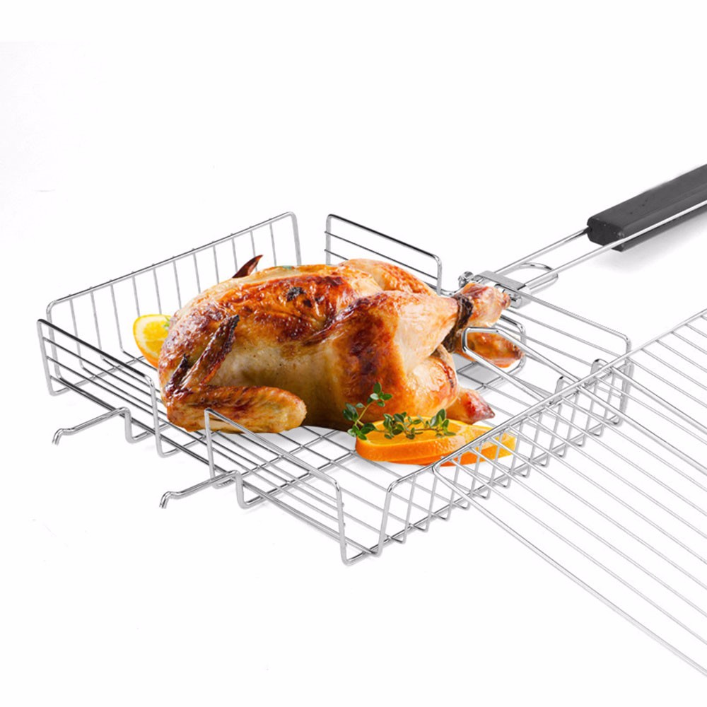 BBQ Grilling Basket, Portable Foldable Stainless Steel Barbecue Grill Basket for Roast Fish Vegetables Shrimp Steak, with Detachable Wooden Handle,  BBQ Tool